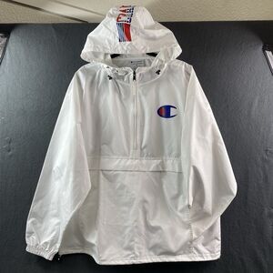 Champion Athleticwear 1/4 Zip Pullover Men's XL White Hooded Jacket Logo Pocket